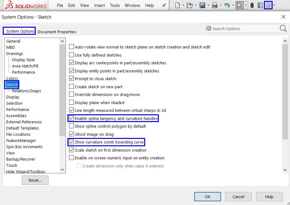 نحوهی نمایان کردن curvature combs و curvature handles در تنظیمات نرمافزار Solidworks